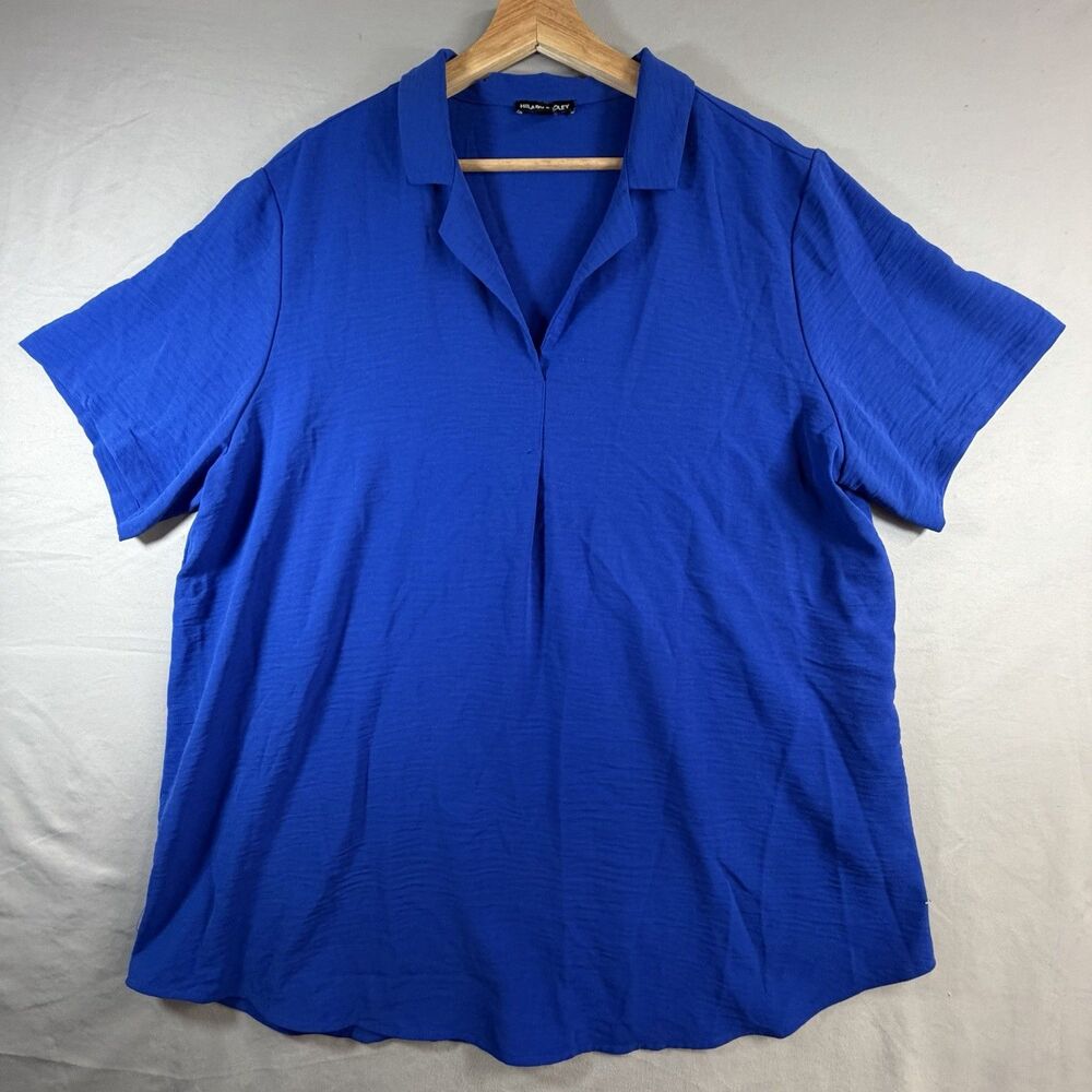 Hilary Radley Blouse XL Blue V-Neck Short Sleeve Open Collar Shirt Top Womens